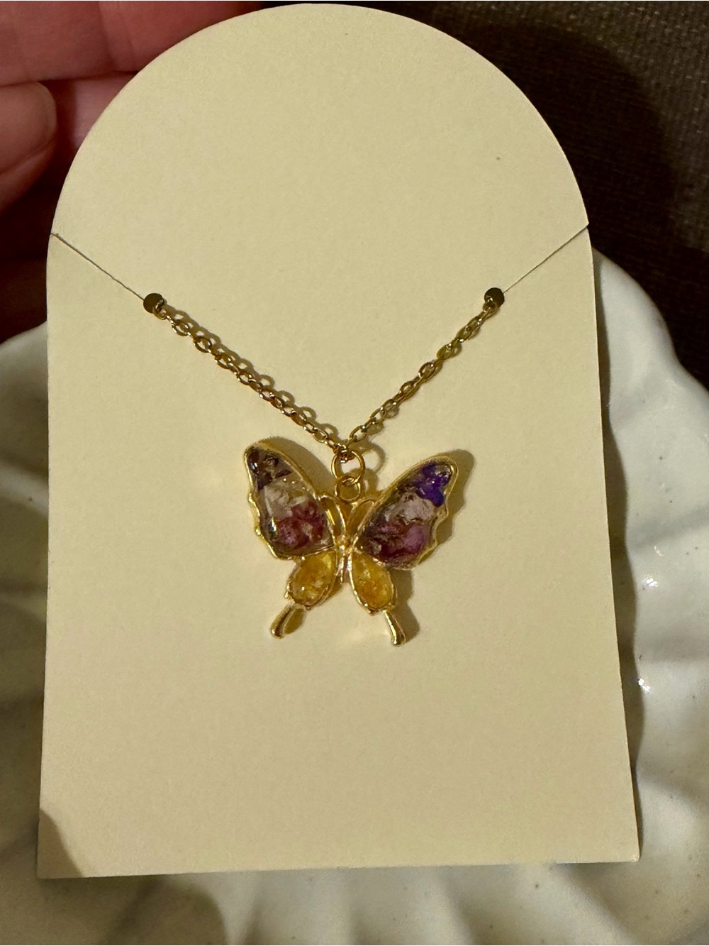 Gold Butterfly Pendant Necklace with Purple and Yellow Accent